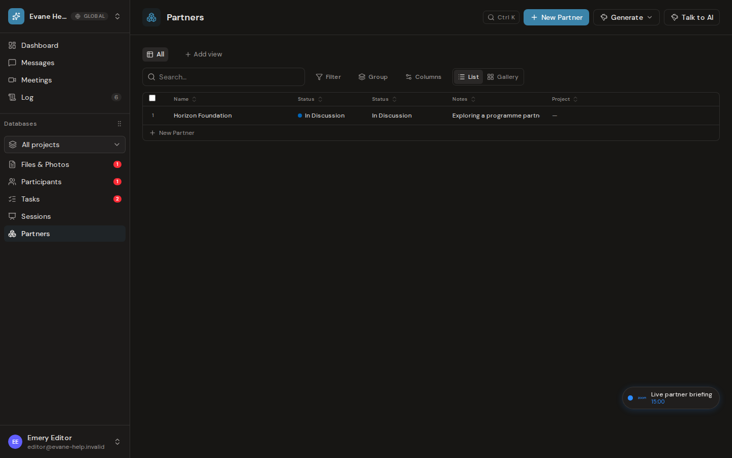 Manage partners in the Participants space in Formist