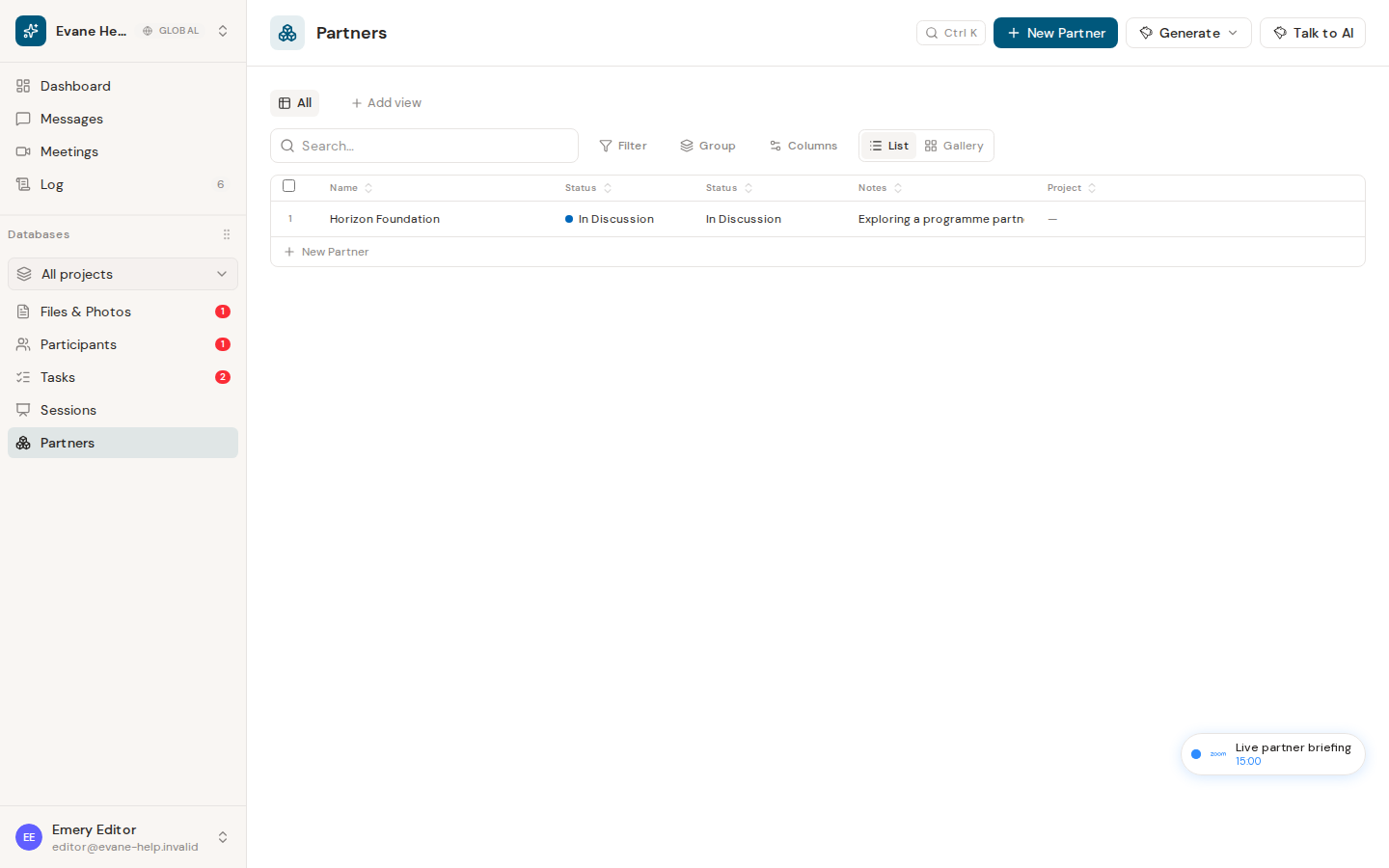Manage partners in the Participants space in Formist